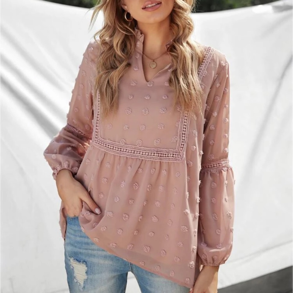Long sleeve swiss dot sheer chiffon blouse boho - Picture 7 of 8